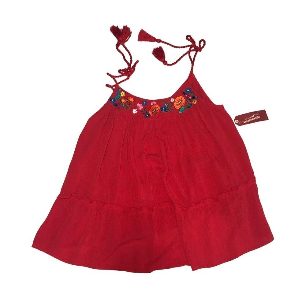 Arizona Jeans Embroidered Top Size M Red Sleeveless Ties Tassels Gauze Boho - Picture 2 of 9